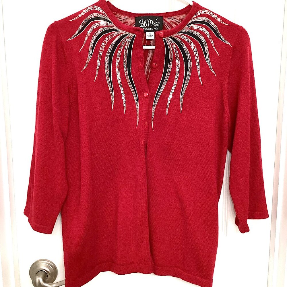 Vintage Bob Mackie Cardigan Sweater, Red w Beaded Silver and Black Collectible